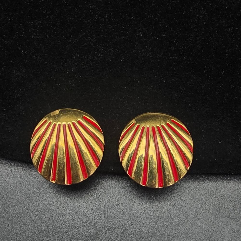 Monet Red Enamel Gold Tone Clip On Earrings Striped Sun Burst Vintage